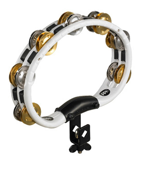 Tambourin ABS demi-lune, 2 rangées cymbalettes acier nickelé et laiton, avec attache, blanc