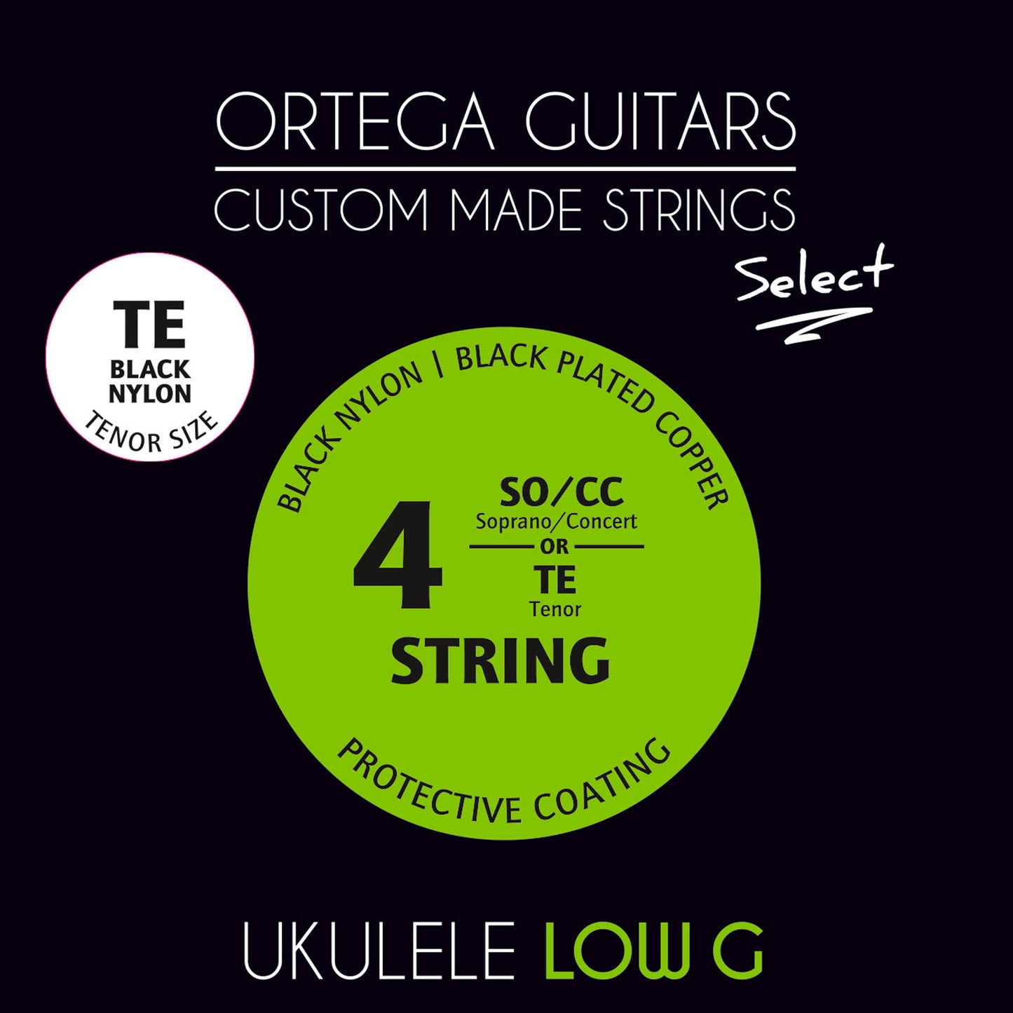 Jeu CUSTOM SELECT pour ukulélé tenor, nylon et cuivre plaqué noir, revêtement anti corrosion