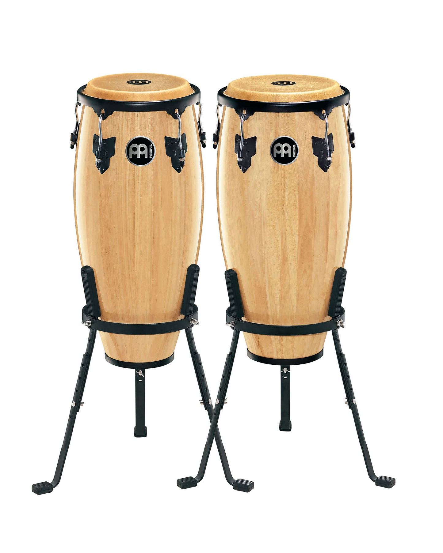 Paire congas 10 & 11", hévéa, 71 cm, peaux buffle, accastillage noir poudré, avec supports panier, Natural brillant