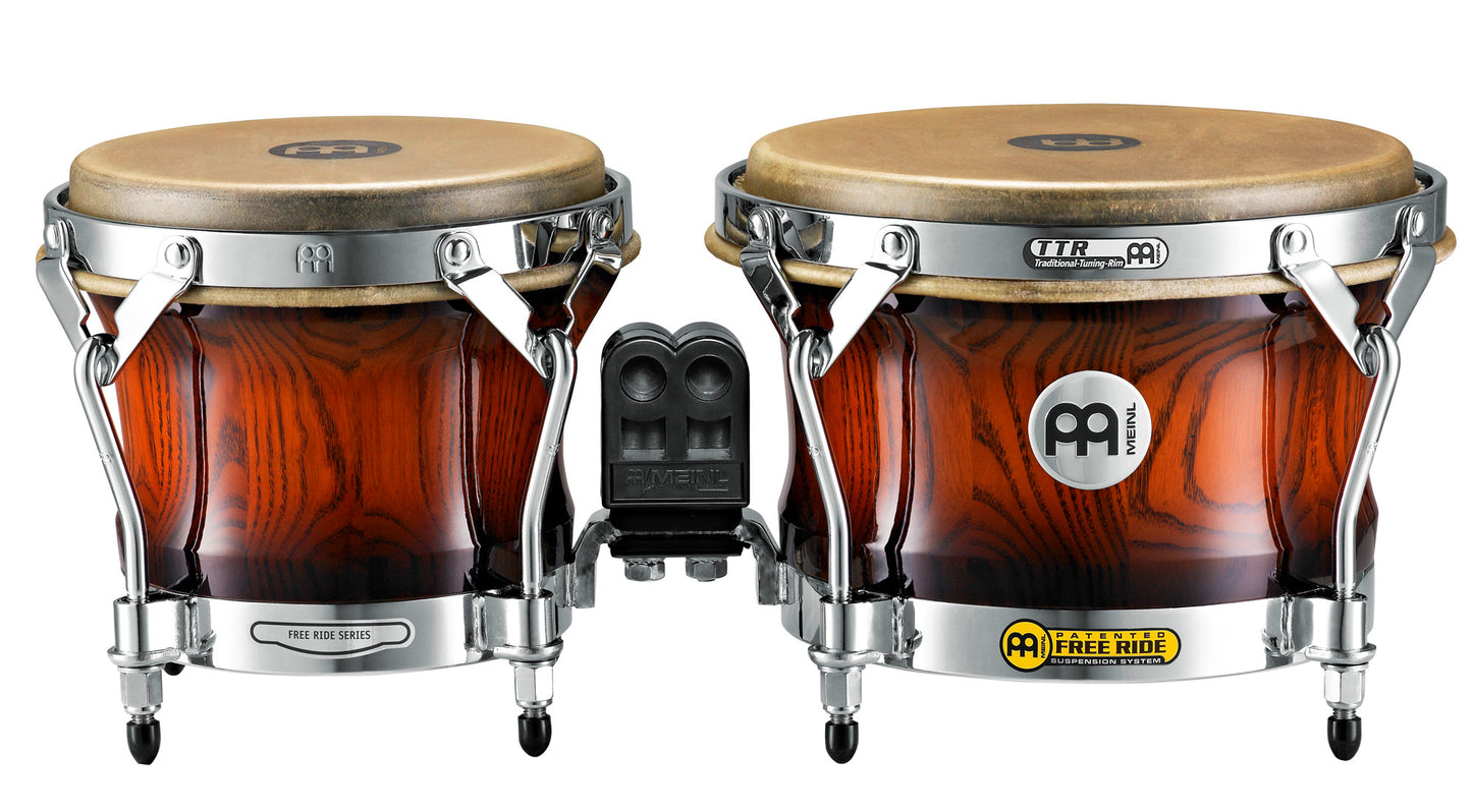 Bongos pro Woodcraft 7&9", frêne, peaux True Skin, susp.Free Ride, crochets 8mm, cercles TTR 5mm, accas.chromé, Ant.Mahogany bri