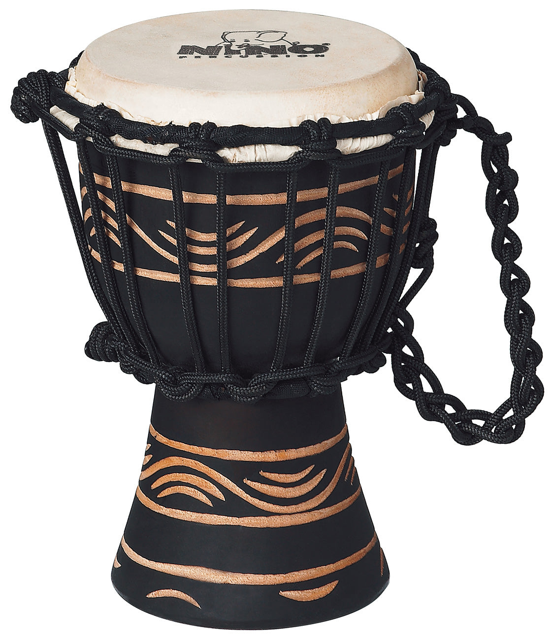 Djembé 4"1/2 (hyper small) style africain série Moon, fût acajou, peau chèvre sélectionnée, cordage pré-étiré, gravé main, noir