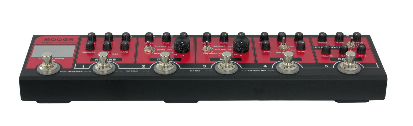 Pédalier RED TRUCK, 6 pédales d'effet (Boost, Overdrive, Distorsion, Modulation, Délai, Réverb), rouge
