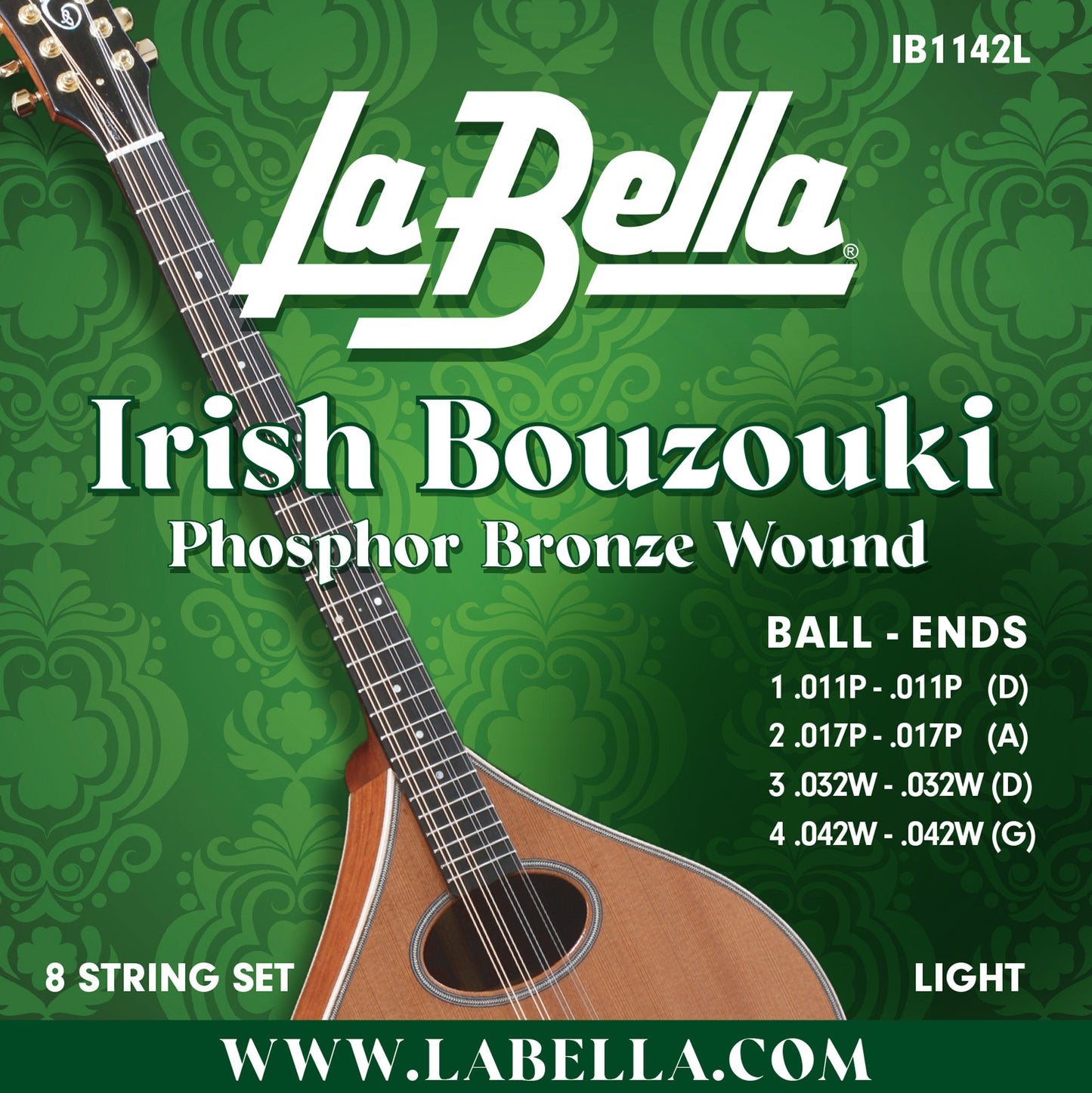 Jeu pour bouzouki irlandais, acier plein et filé phosphore bronze, 8 cordes Light (11/11-17/17-32w/32w-42w/42w)
