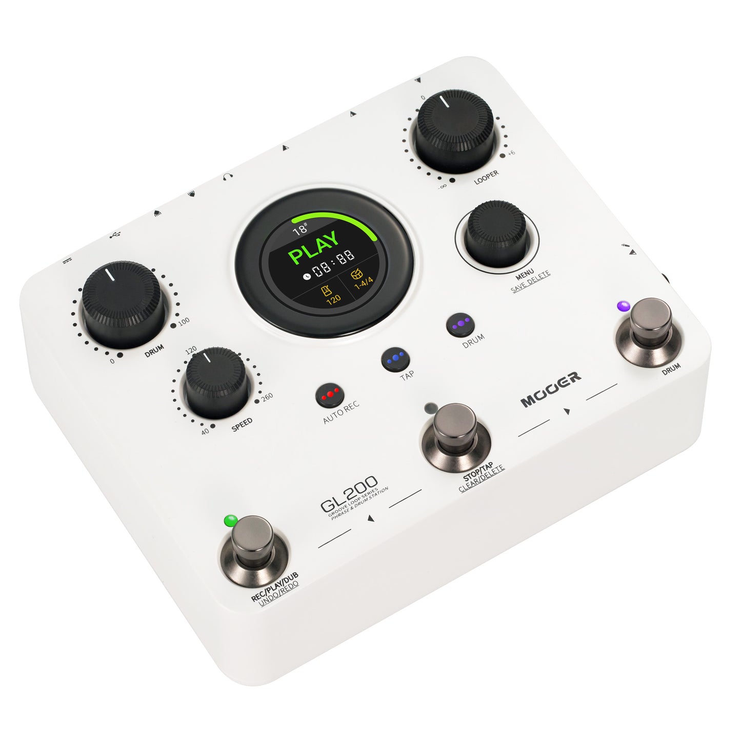 Pédale Mooer GL200, looper stéréo et boîte à rythmes, jusqu'à 300 minutes d'enregistrement, entrée combo XLR/Jack, MIDI, blanc