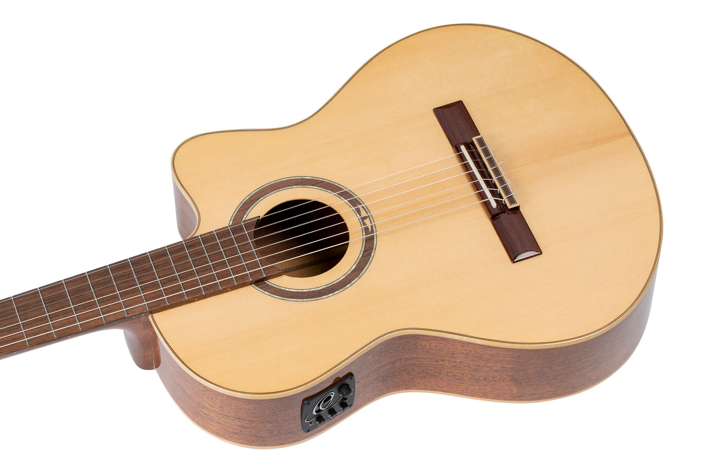 RCE138SN, modèle Slim Neck, pan coupé, EQ MagusPro, table épicéa massif, f/e sapele, manche acajou (sillet 48 mm), housse