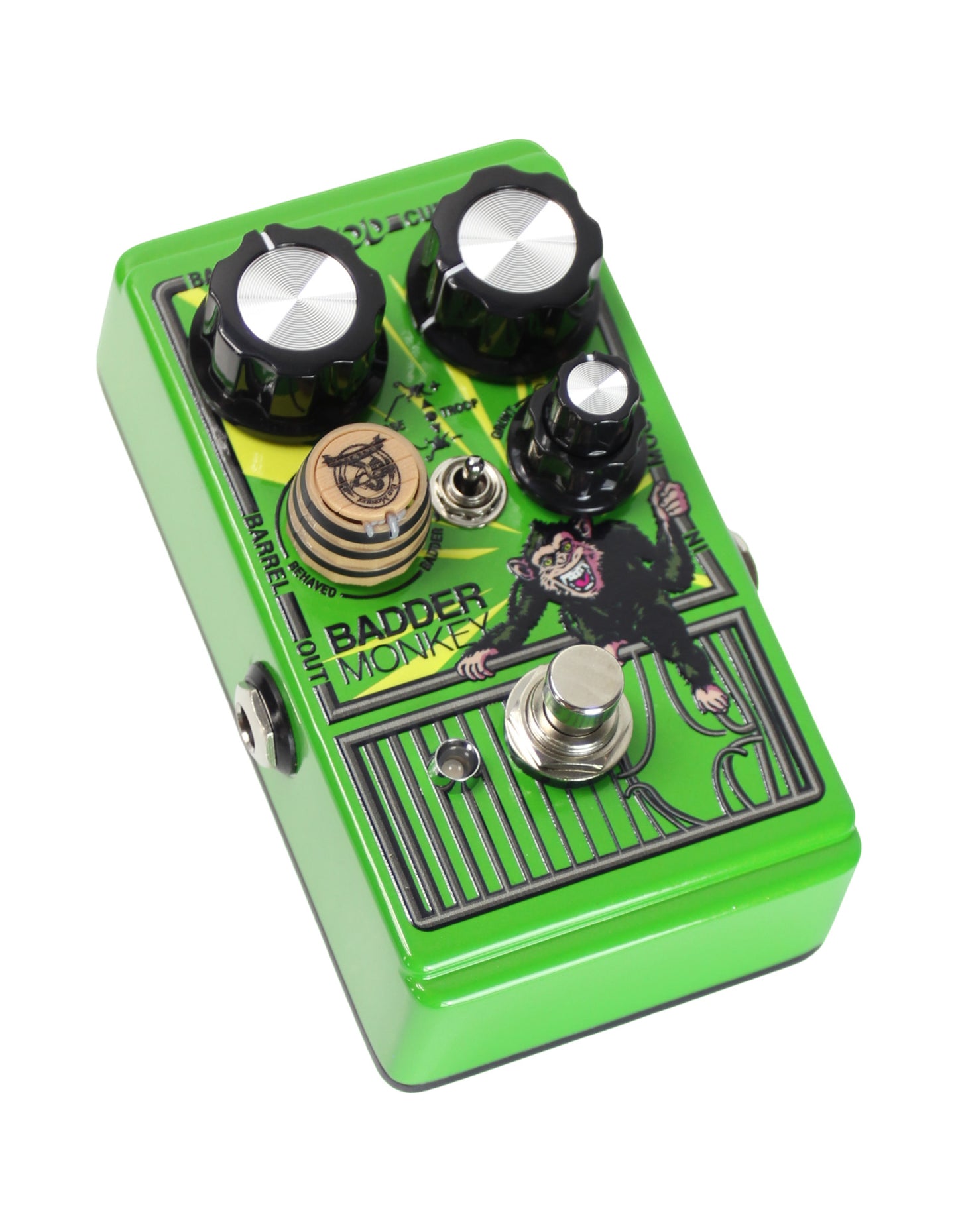 Pédale BADDER MONKEY, overdrive 3 circuits dont 2 mélangeables, switch de phase, EQ, True Bypass, plaque réversible, vert