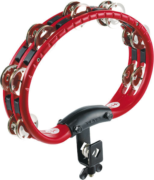 Tambourin ABS demi-lune, 2 rangées cymbalettes acier nickelé, avec attache, rouge