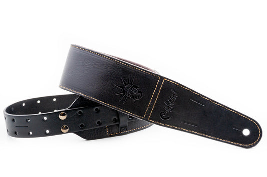 Courroie modèle BACKBEAT LIBERTY, extérieur cuir, largeur 6 cm, longueur 95 à 150 cm, porte-médiators intégré, noir