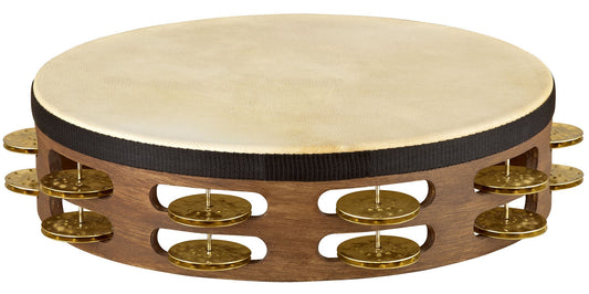Tambourin bois avec peau de chèvre sélectionnée à la main, 2 rangée de cymbalettes martelées en laiton, Walnut Brown