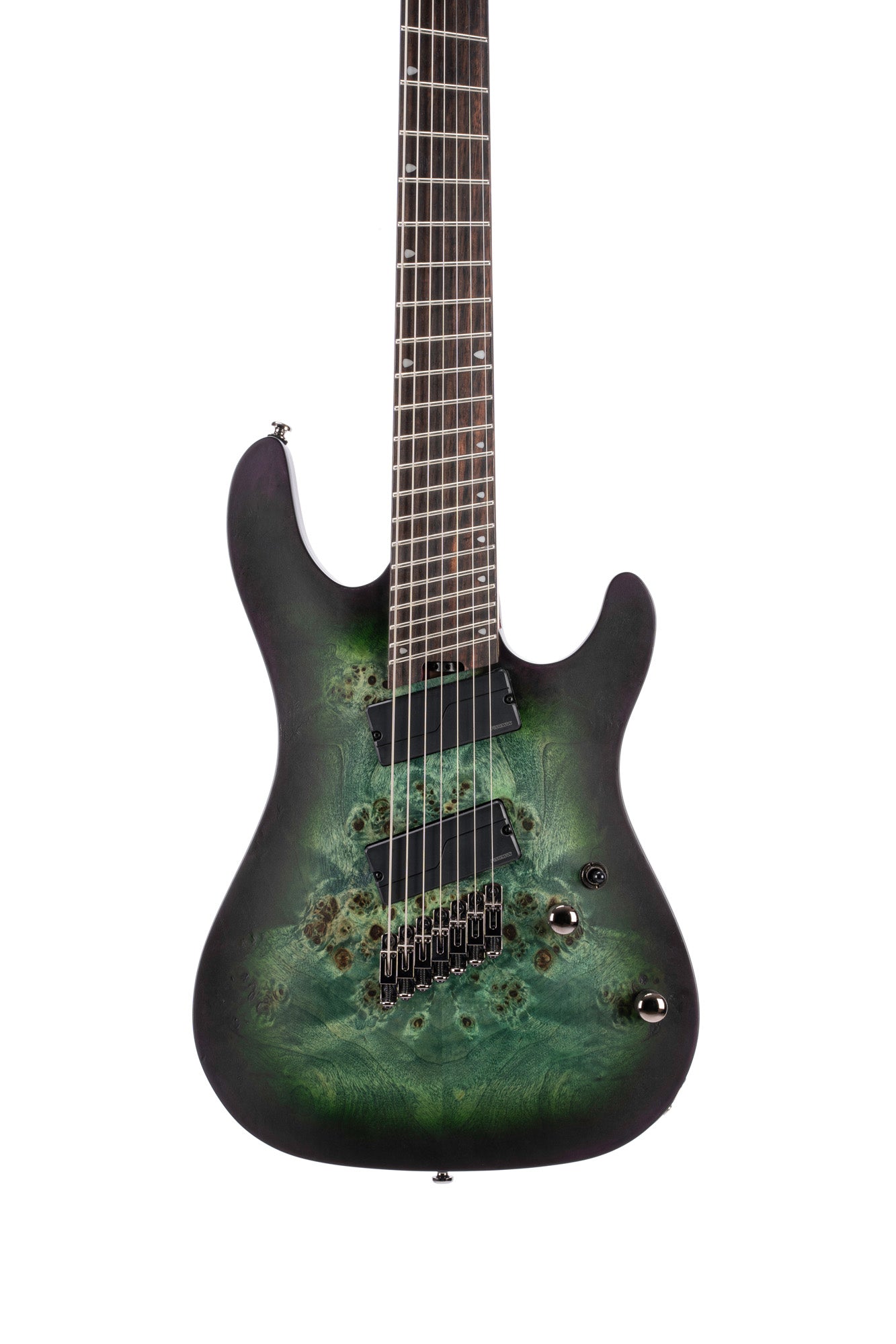 KX507MS, modèle 7 cordes, corps acajou, table peuplier figuré, touche ébène, micros Fishman Fluence, star dust green