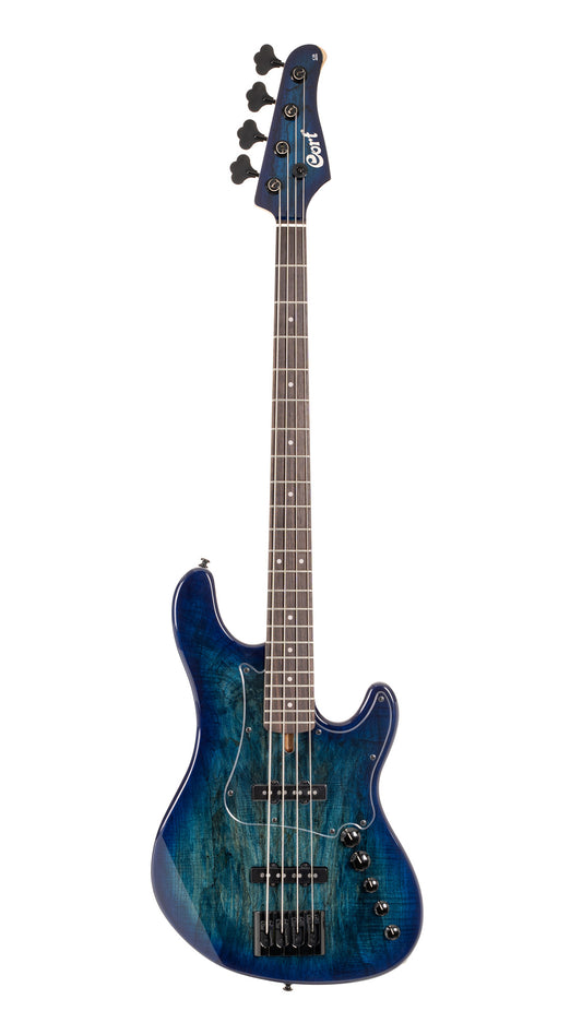 GB-FUSION, 4 cordes, table érable échauffé, corps aulne, micros Voiced Tone VTB-ST, active/passive, blue burst