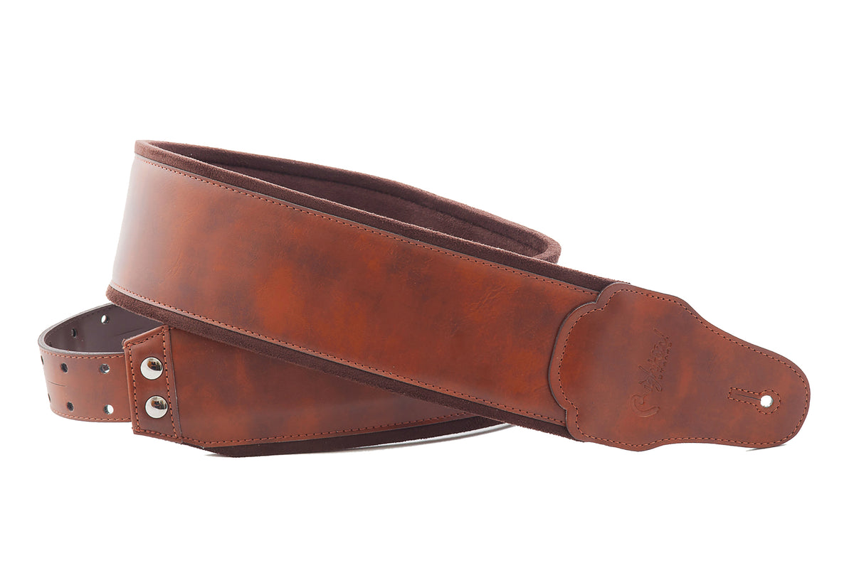 Courroie modèle B-CHARM, extérieur synthétique, largeur 8 cm, longueur 98 à 153 cm, porte-médiators intégré, brun