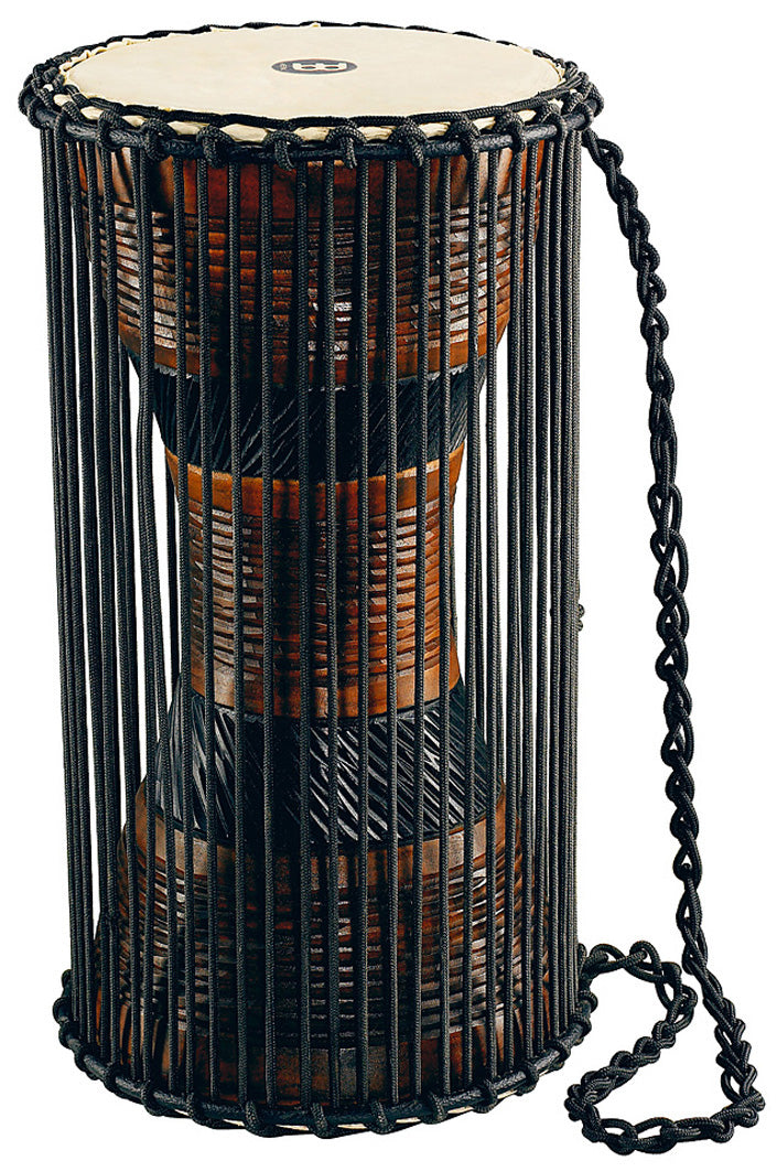 Talking Drum africain 8x16", acajou une pièce, peau chèvre, cordage nylon, avec batte recourbée, décorations gravées, noir/brun
