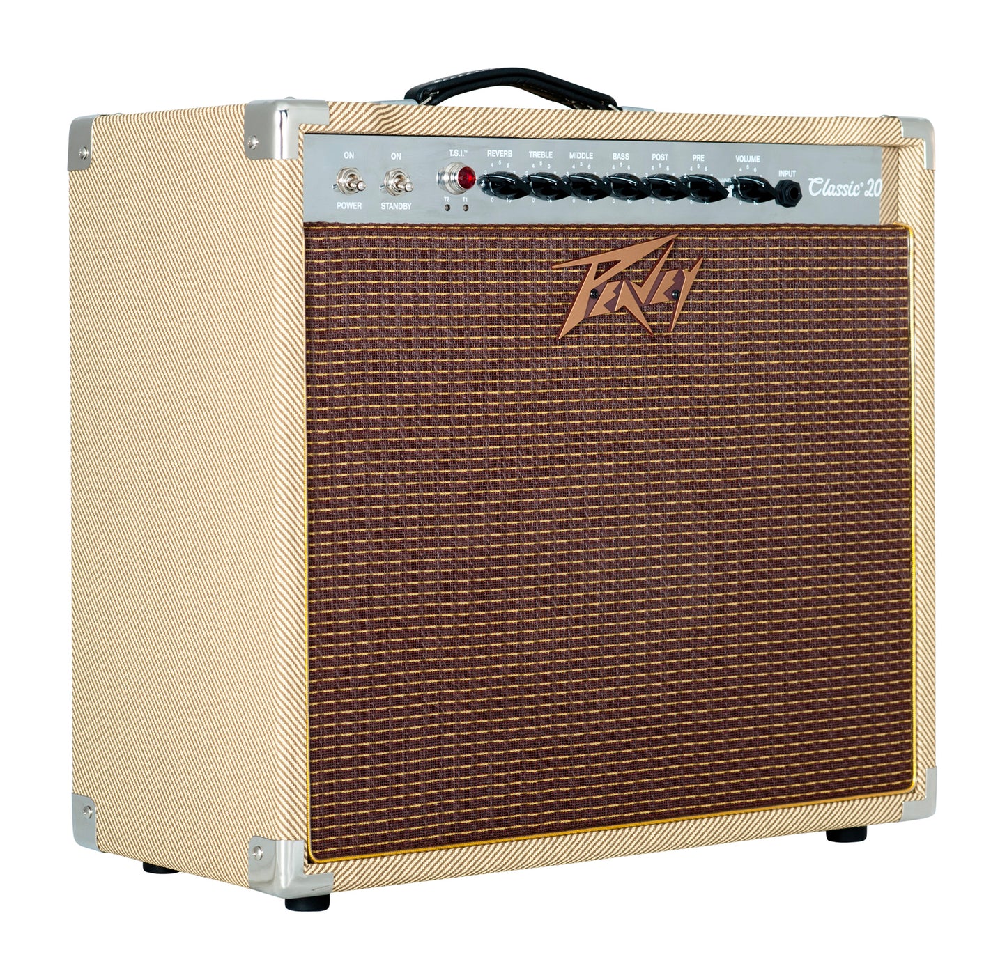 Ampli à lampes 20W, HP 1x 12", 2 canaux, EQ 3 bandes, Reverb intégrée, pédalier inclus, sortie DI, sortie casque, finition tweed