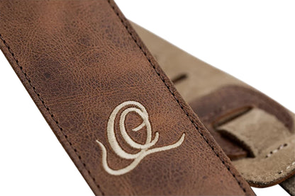 OSSU-40, courroie guitare, série Suede, face et dos cuir suédé, largeur 6 cm, longueur de 92 à 145 cm, cognac