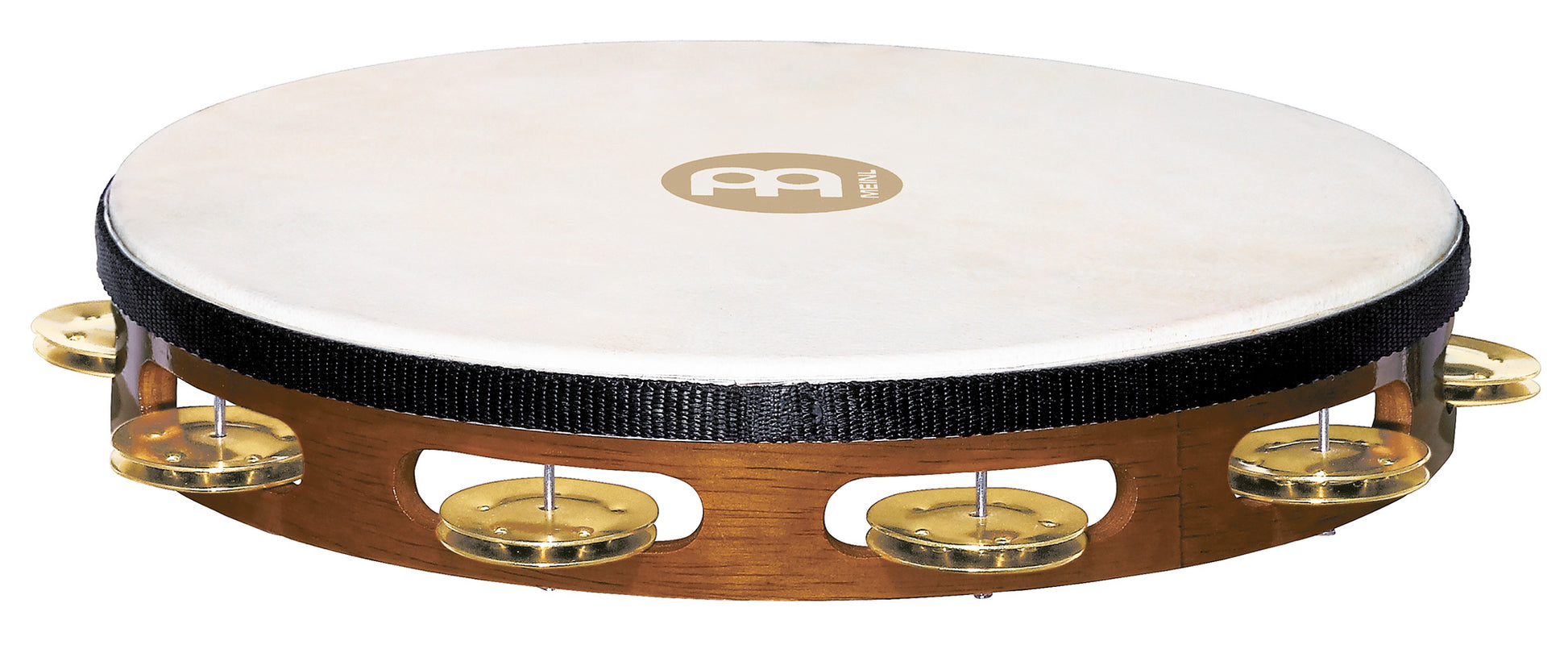 Tambourin bois avec peau de chèvre sélectionnée à la main, 1 rangée de cymbalettes laiton, African Brown