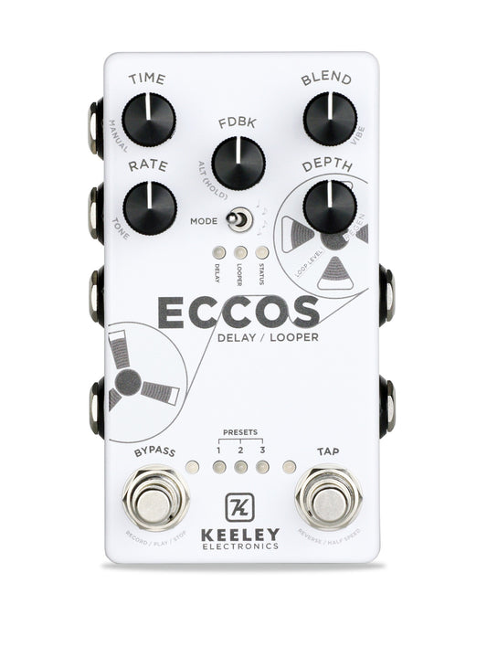 Pédale ECCOS, délai vintage et looper stéréo, 3 presets, tap tempo, entrée pour pédale d'expression, boitier métal, blanc