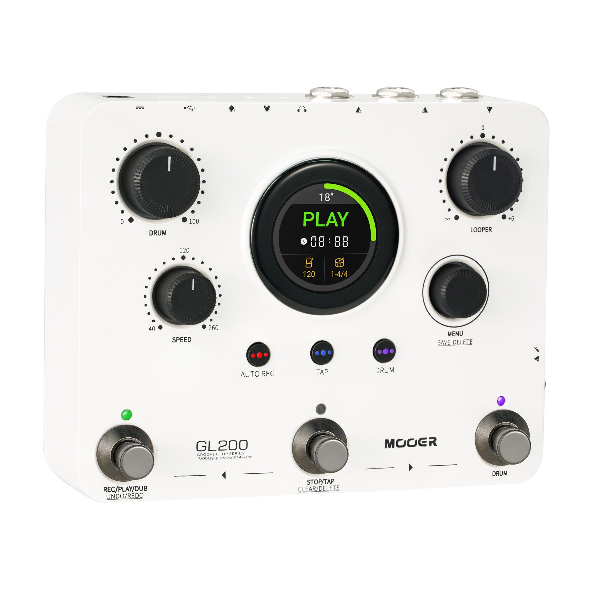 Pédale Mooer GL200, looper stéréo et boîte à rythmes, jusqu'à 300 minutes d'enregistrement, entrée combo XLR/Jack, MIDI, blanc