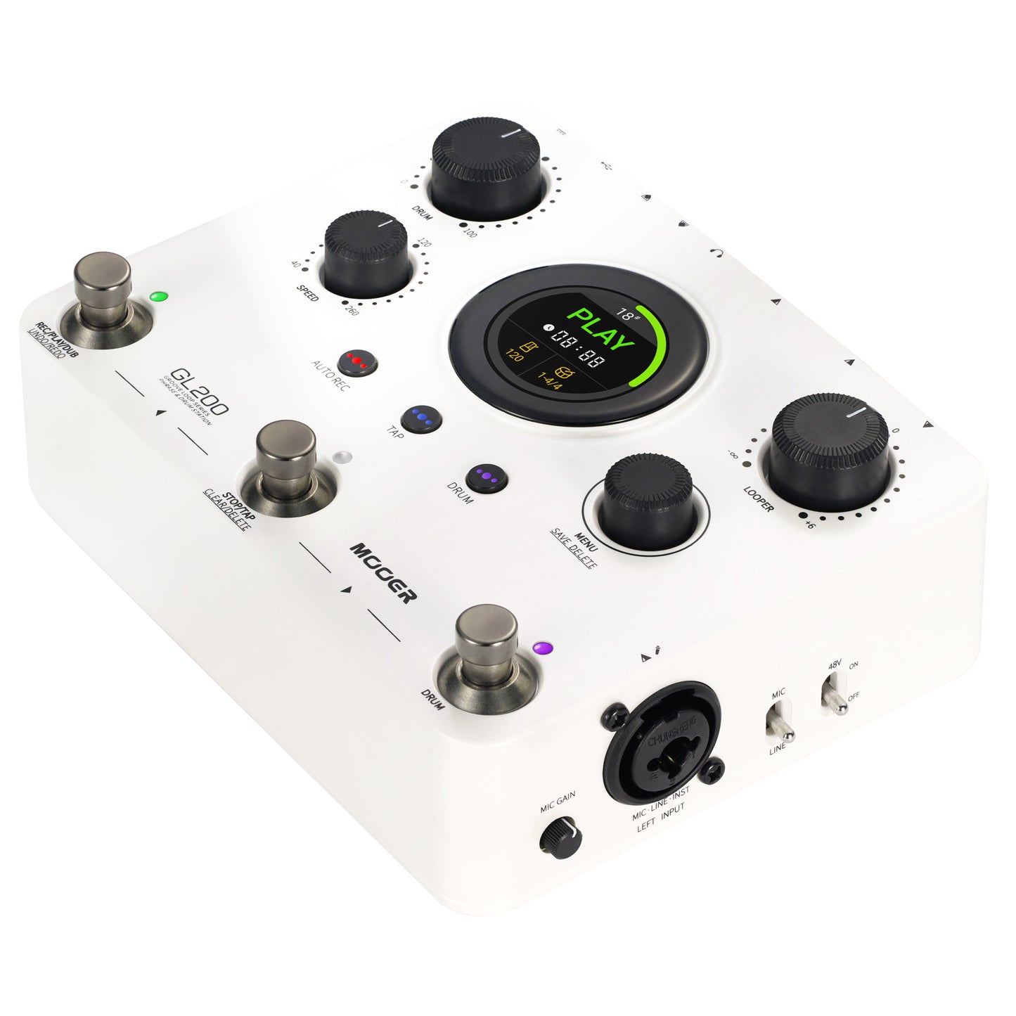 Pédale Mooer GL200, looper stéréo et boîte à rythmes, jusqu'à 300 minutes d'enregistrement, entrée combo XLR/Jack, MIDI, blanc