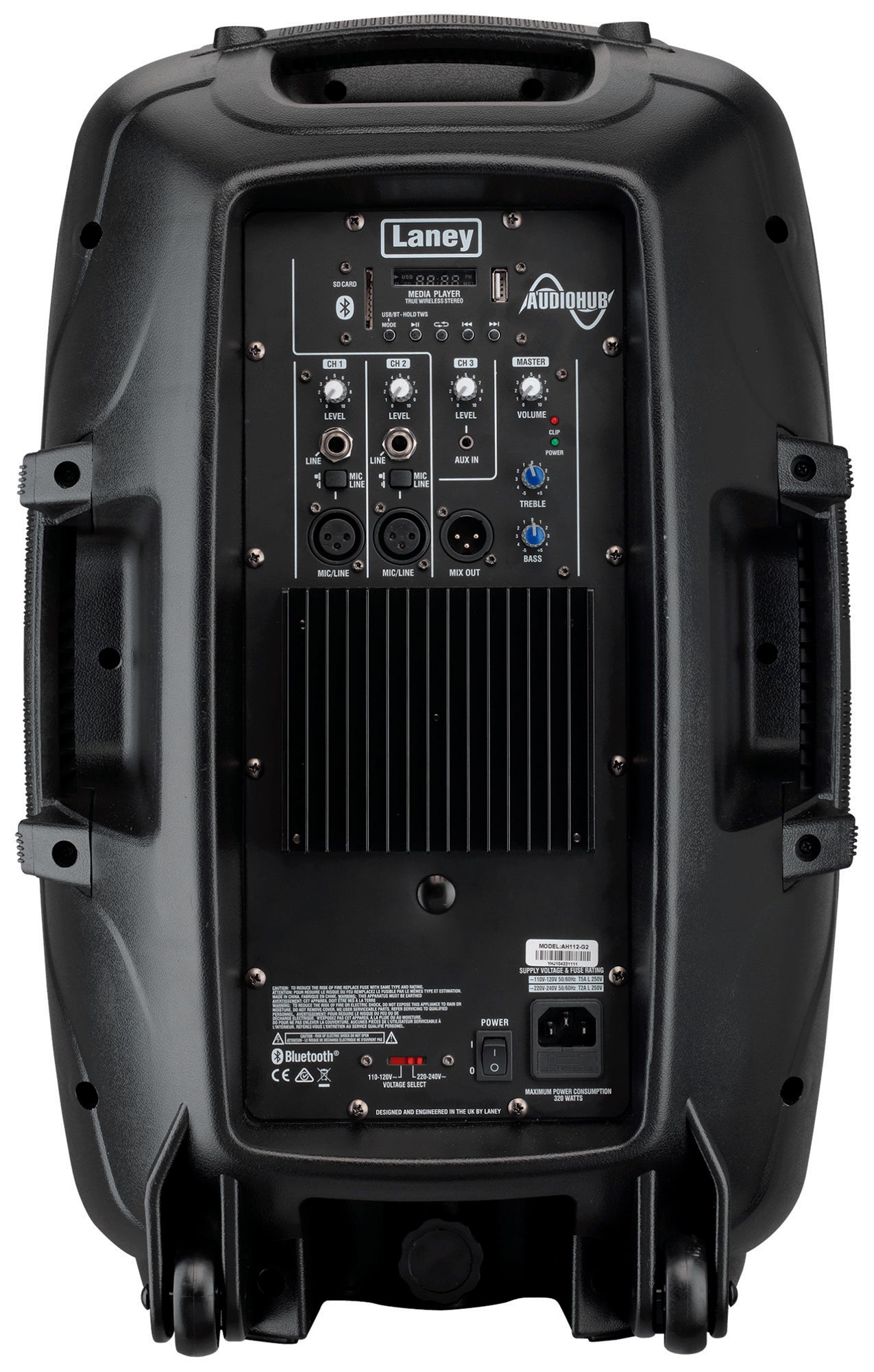 Enceinte polyvalente AH112-G2, 800W, HP 12" + compression 1", 3 canaux, lecteur média SD/USB/BLUETOOTH, 12 kg, noir
