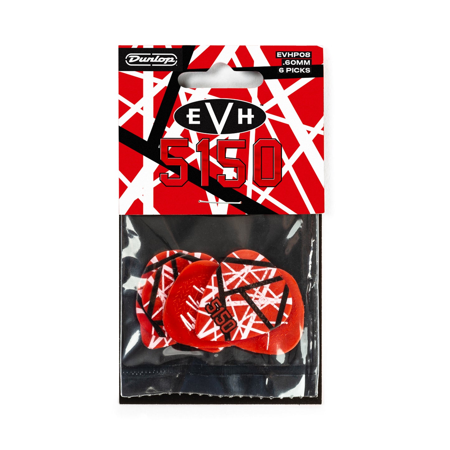 Sachet de 6 médiators EVH 5150 MAX-GRIP Nylon 0.60 mm (graphisme rouge à bandes noires et blanches)