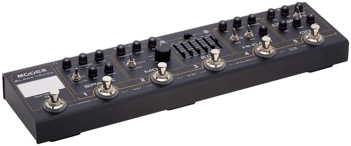 Pédalier BLACK TRUCK, 6 pédales d'effet (Compresseur, Overdrive, Distorsion, EQ, Modulation, Délai/Réverb), noir