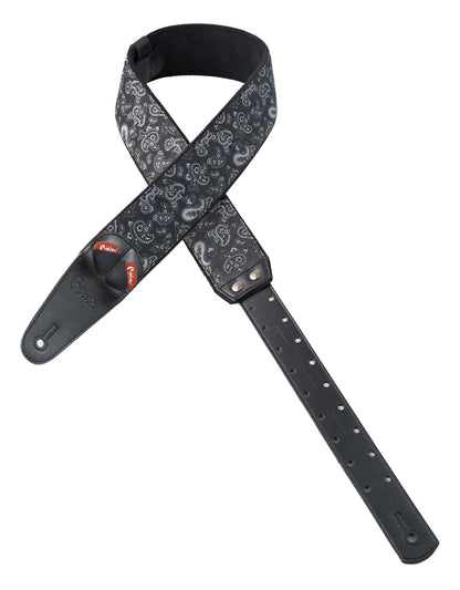 Courroie modèle PAISLEY, extérieur tissu, largeur 6 cm, longueur 100 à 145 cm, porte-médiators intégré, noir