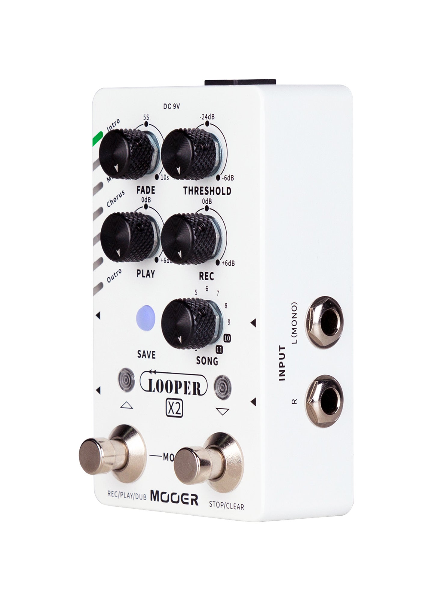 Pédale LOOPER X2, looper stéréo, 11 banques SONG avec 7 presets chacune, jusqu'à 300 minutes d'enregistrement, blanc