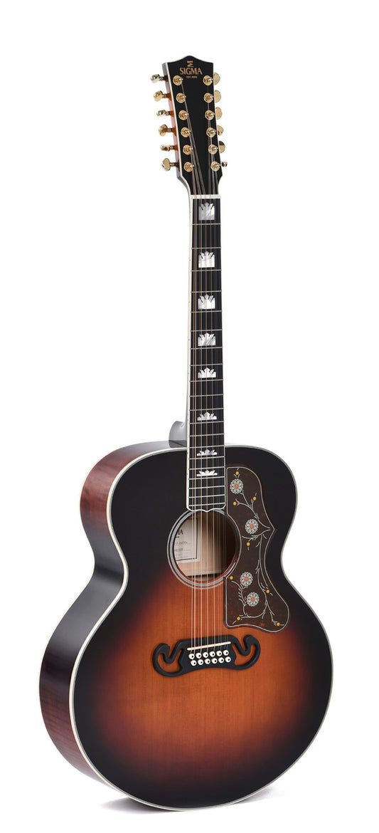 Modèle GJA12-SG200, Grand Jumbo 12 cordes, table épicéa massif, f/e érable flammé, touche micarta, EQ Fishman, vintage sunburst