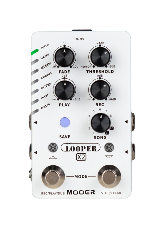 Pédale LOOPER X2, looper stéréo, 11 banques SONG avec 7 presets chacune, jusqu'à 300 minutes d'enregistrement, blanc