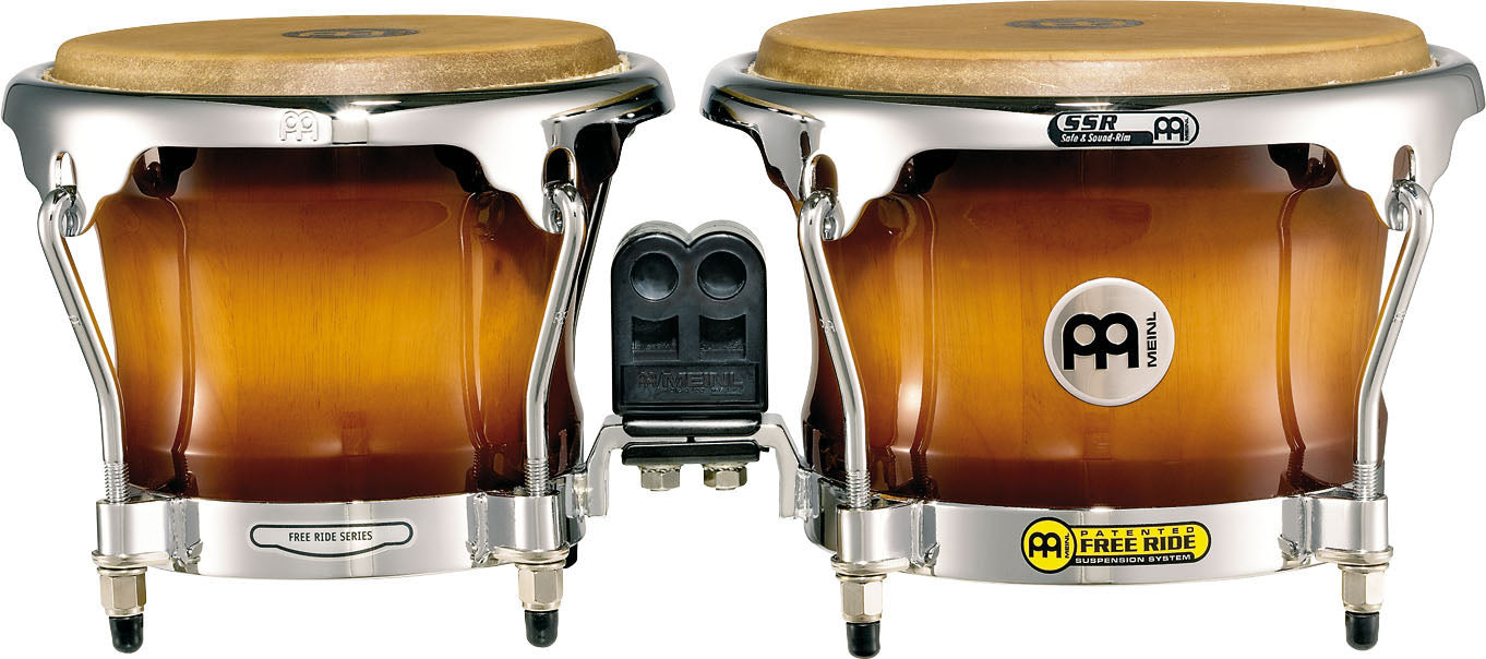 Bongos pro 7 & 8" 1/2, hévéa, peaux True Skin, susp. Free Ride, crochets 8mm, cercles SSR 3mm, accast. chromé, Gold Amber brill