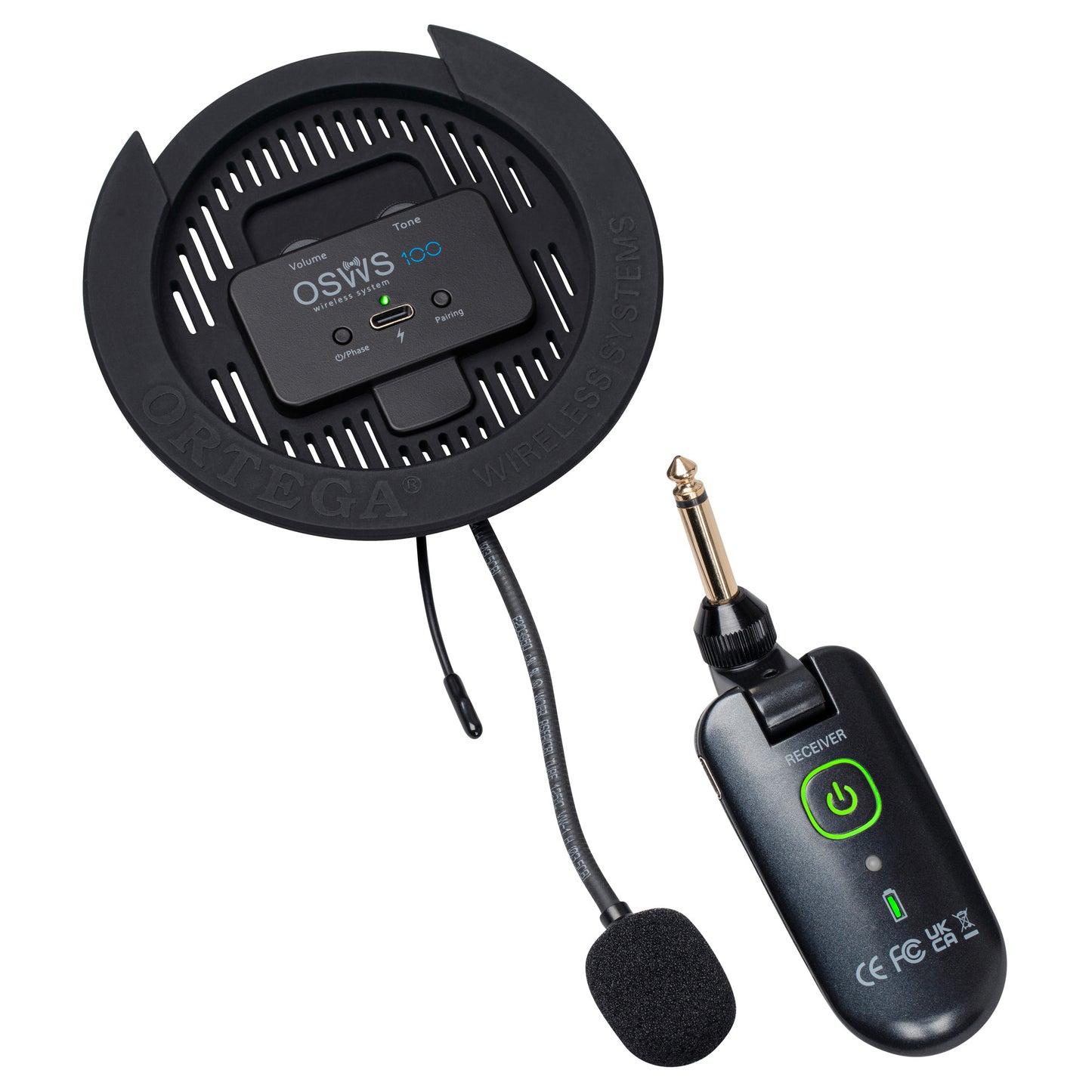 OSWS100, système de micro sans fil pour guitare acoustique (rosace 100 mm), micro col de cygne, avec récepteur sans-fil, noir