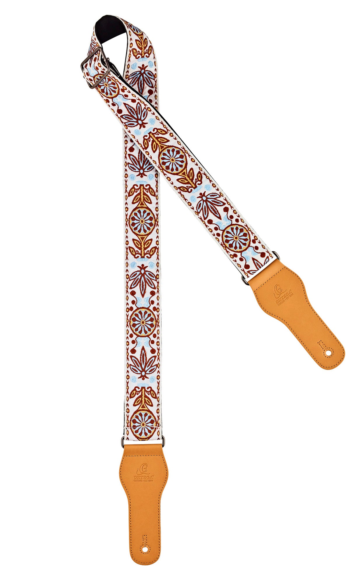 Courroie guitare, 100% coton, extrémités simili cuir, largeur 4.9 cm, longueur jusqu'à 158 cm, blanc motif classic white