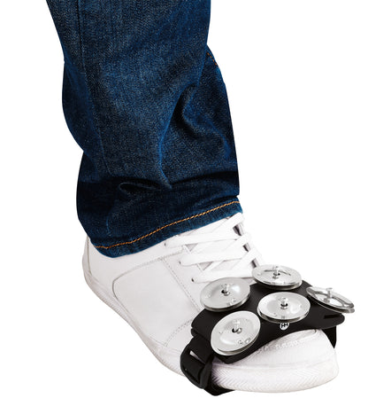 Tambourin pour pied, spécial cajon, corps synthétique, cymbalettes inox, ergonomique, lanière élastique, noir