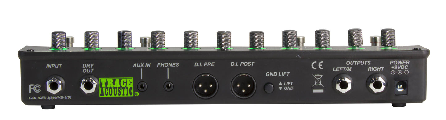 Pédalier d'effets et préampli acoustique, EQ 3 bandes, Notch, reverb, delay, chorus, rétroéclairé, accordeur, finition noir