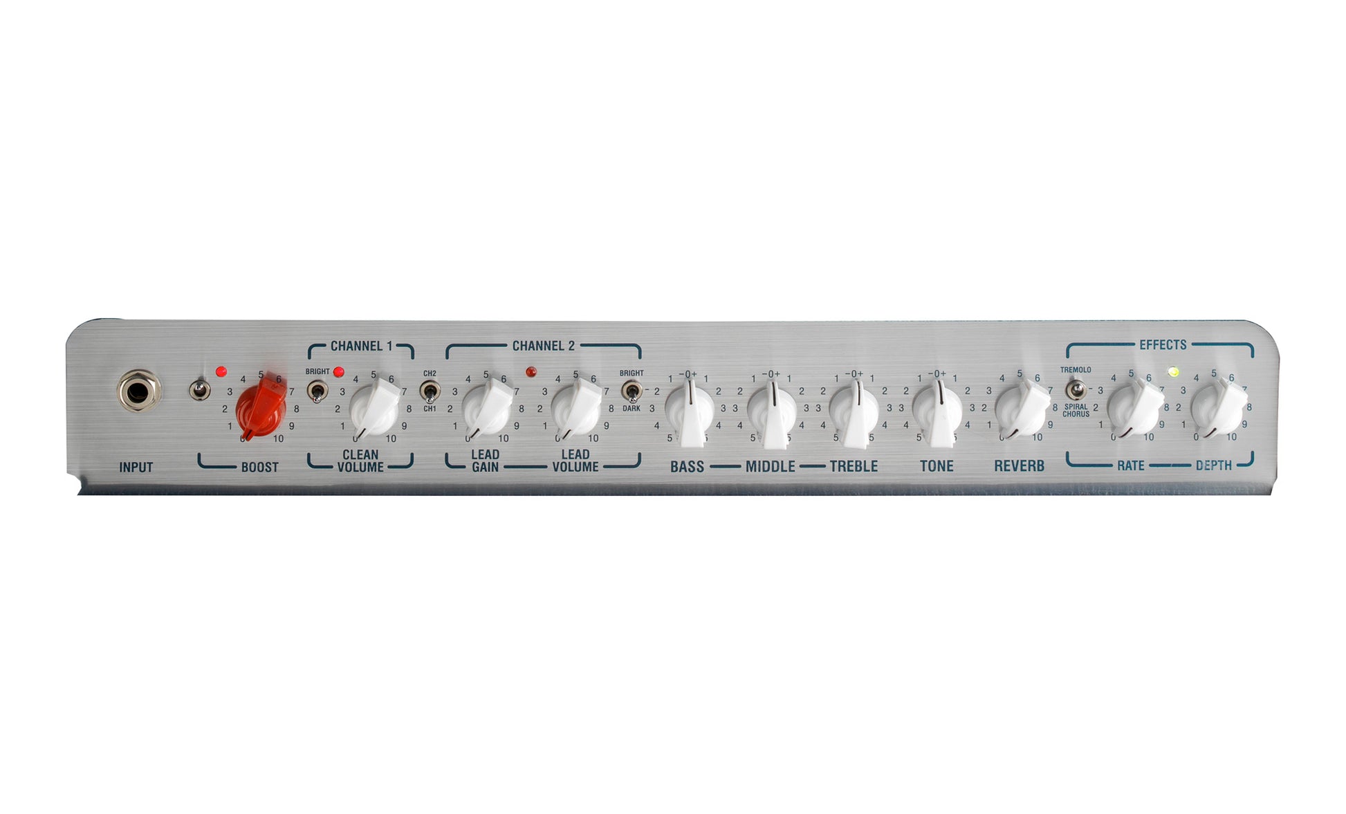Tête guitare électrique 120W, 2 canaux, EQ 3 bandes, réverb, tremolo, chorus, boucle d'effet, 7 kg, bleu