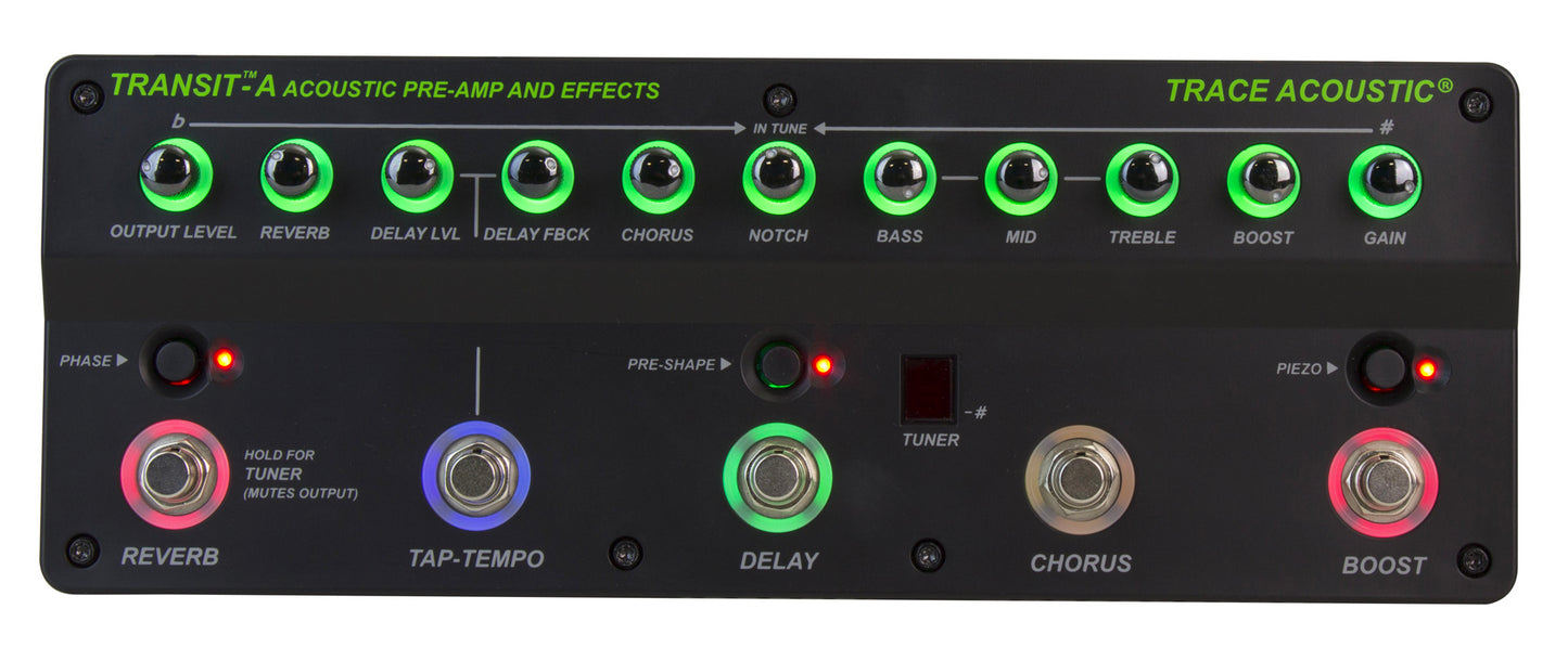 Pédalier d'effets et préampli acoustique, EQ 3 bandes, Notch, reverb, delay, chorus, rétroéclairé, accordeur, finition noir