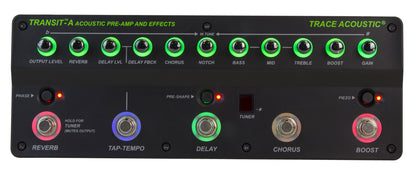Pédalier d'effets et préampli acoustique, EQ 3 bandes, Notch, reverb, delay, chorus, rétroéclairé, accordeur, finition noir