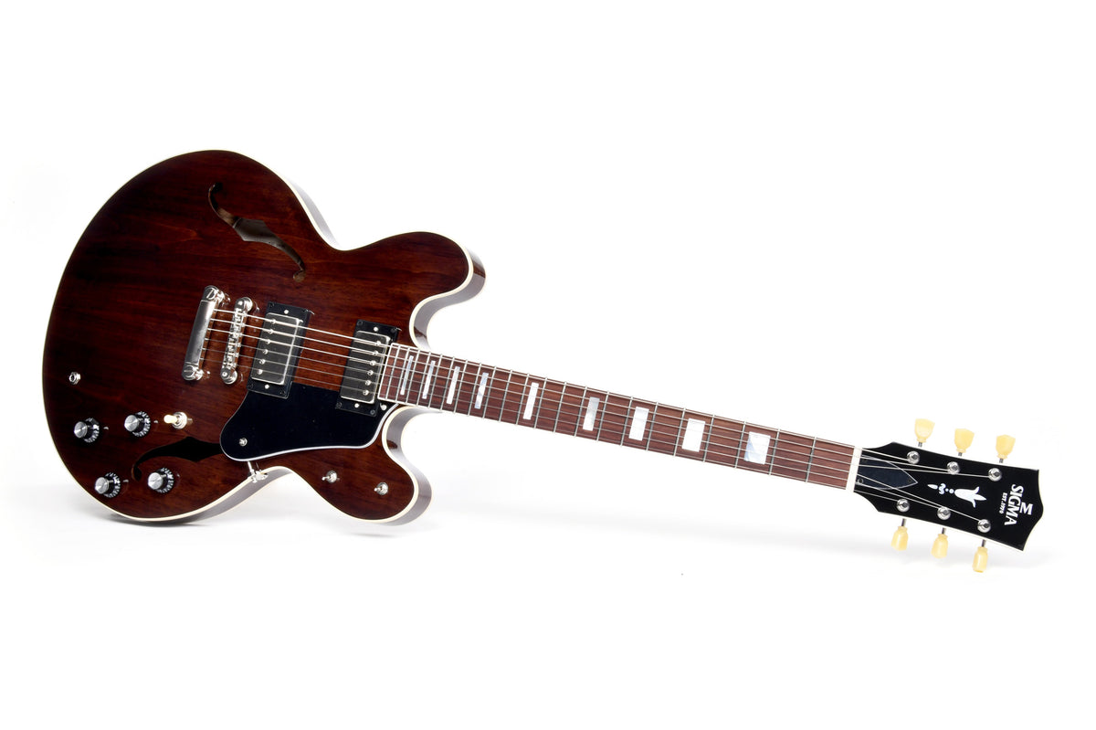 Modèle HBW-102H, Forme Semi-Hollow, table noyer noir, f/e noyer noir, touche palissandre, 2 micros Humbucker, dark stain, étui