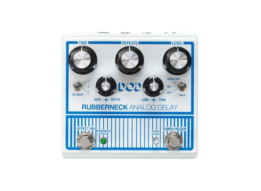 Pédale RUBBERNECK, délai analogique, jusqu'à 1500 ms de retard, fonction Tap Tempo, modulation du temps de délai, blanc et bleu