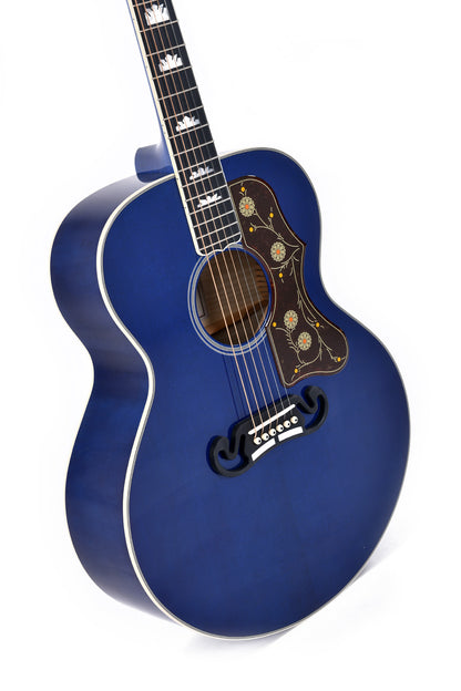Modèle GJA-SG200-RBL, édition spéciale, Grand Jumbo, table épicéa massif, f/e érable flammé, EQ Fishman, soft case, bleu royal