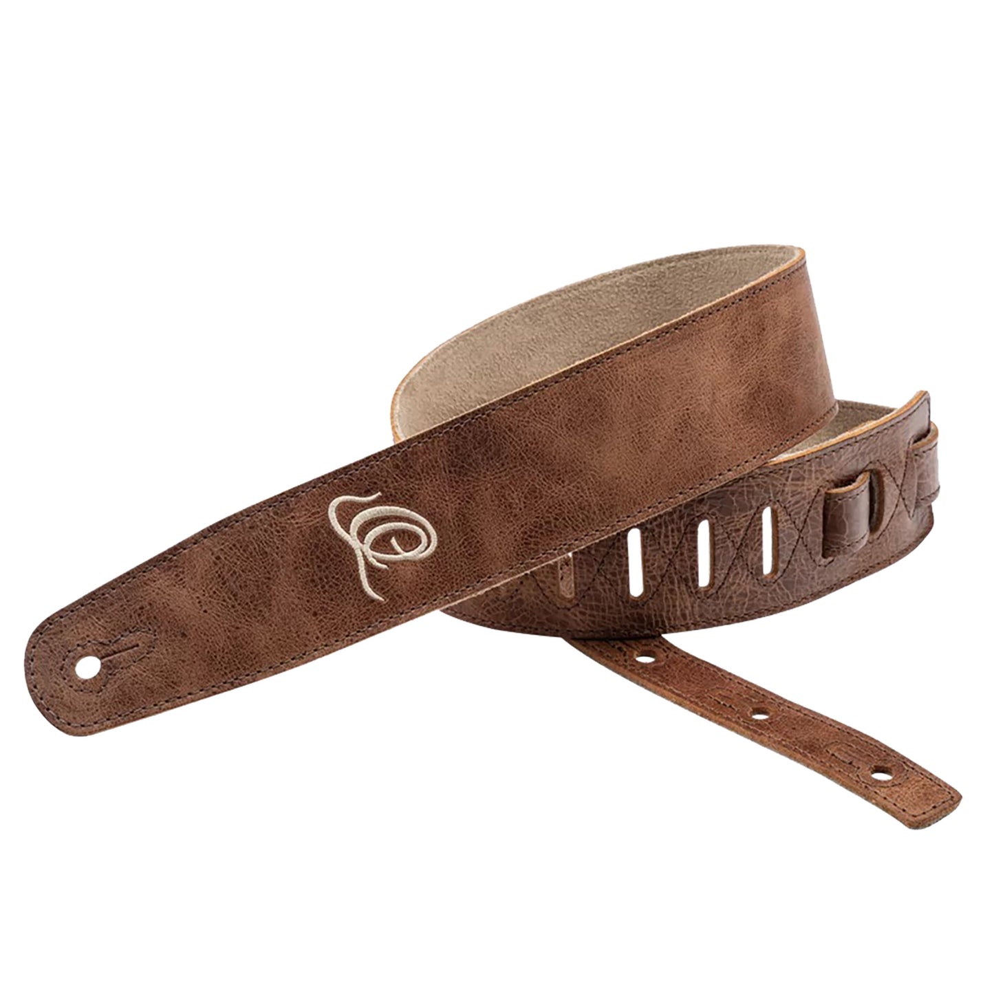 OSSU-40, courroie guitare, série Suede, face et dos cuir suédé, largeur 6 cm, longueur de 92 à 145 cm, cognac