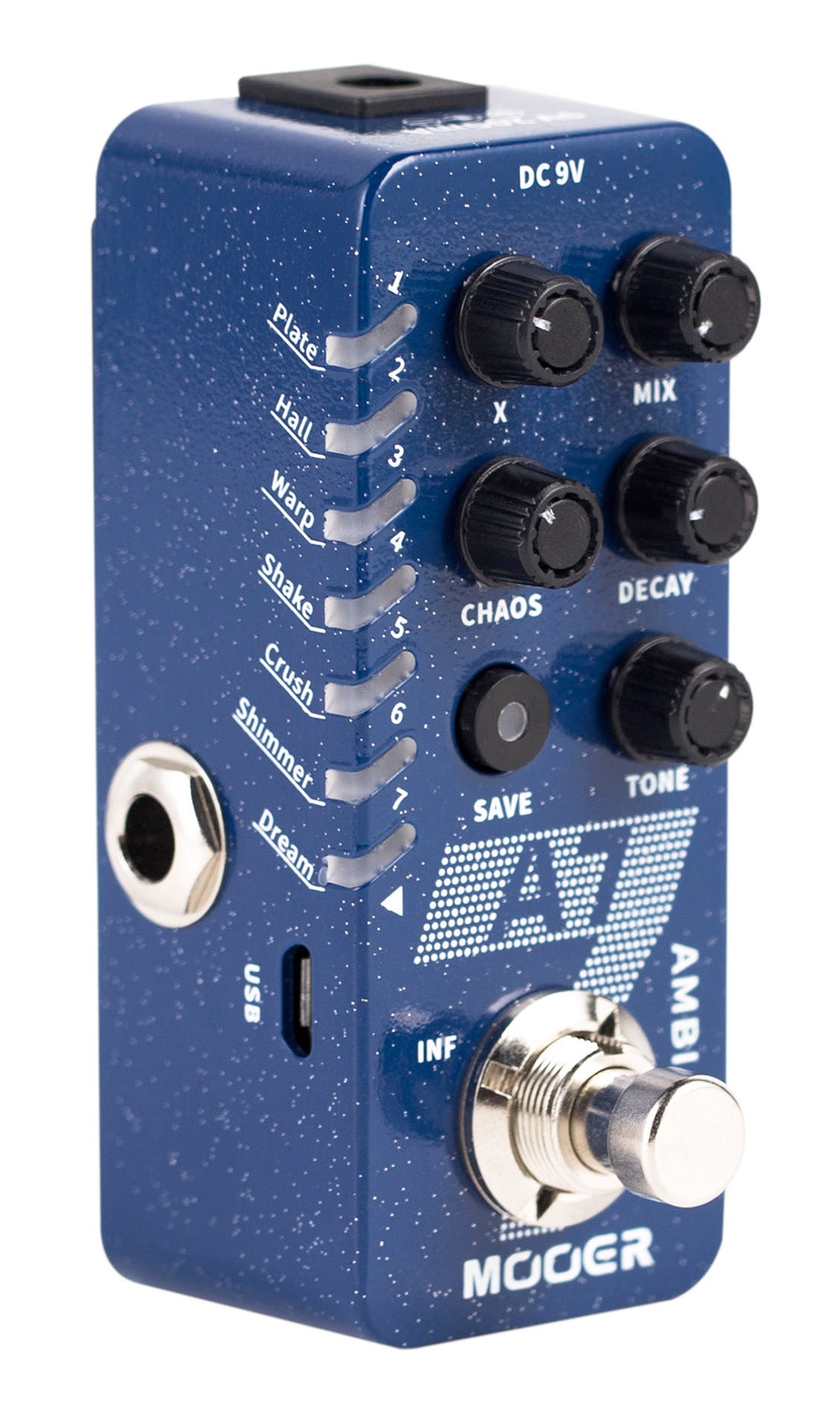 Pédale A7 AMBIANCE, 7 types de réverbs personnalisables, tap tempo, 7 presets utilisateurs, boîtier métal, bleu