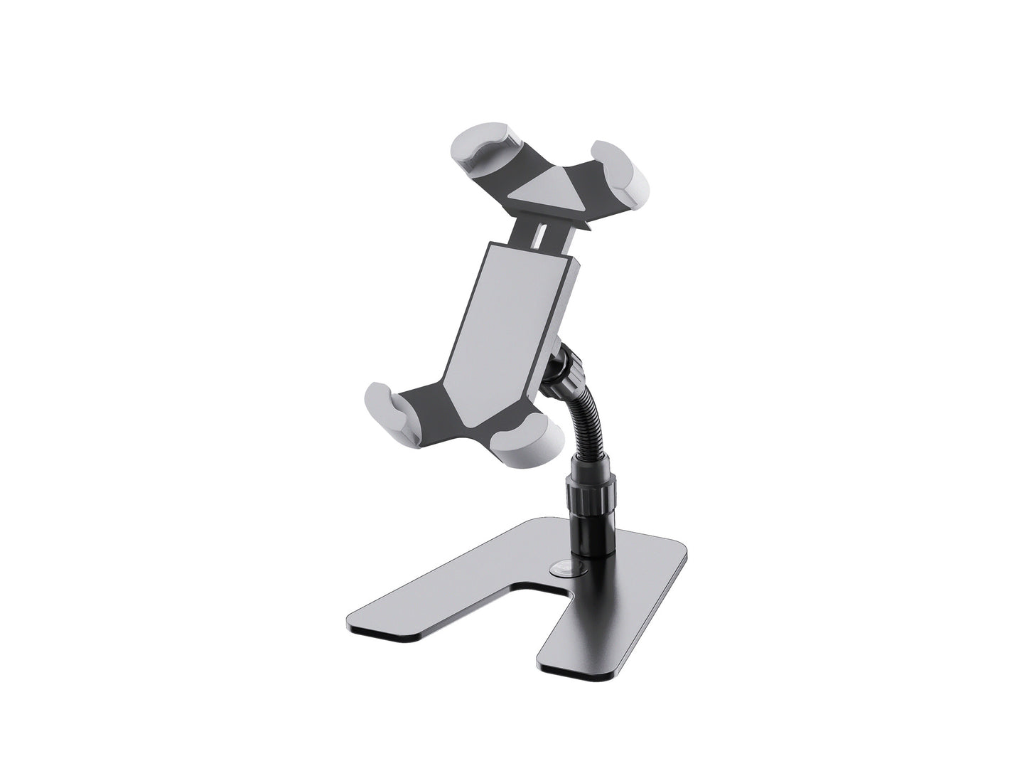 Support tablette de table design, acier et plastique, bras de maintien flexible, noir.