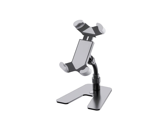 Support tablette de table design, acier et plastique, bras de maintien flexible, noir.