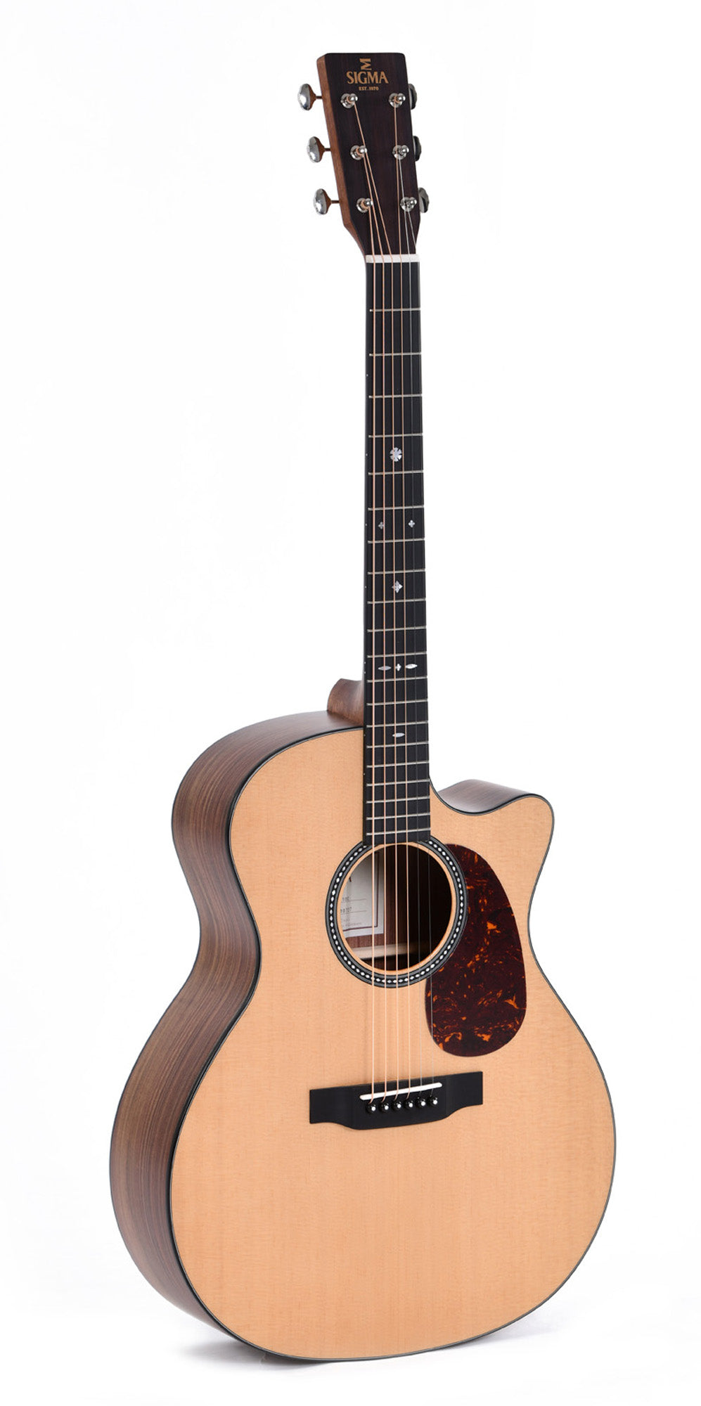 Modèle SGPC-10E, Grand OM pan coupé, table épicéa Sitka massif, f/e pau ferro massif, touche micarta, EQ LR Baggs, soft case