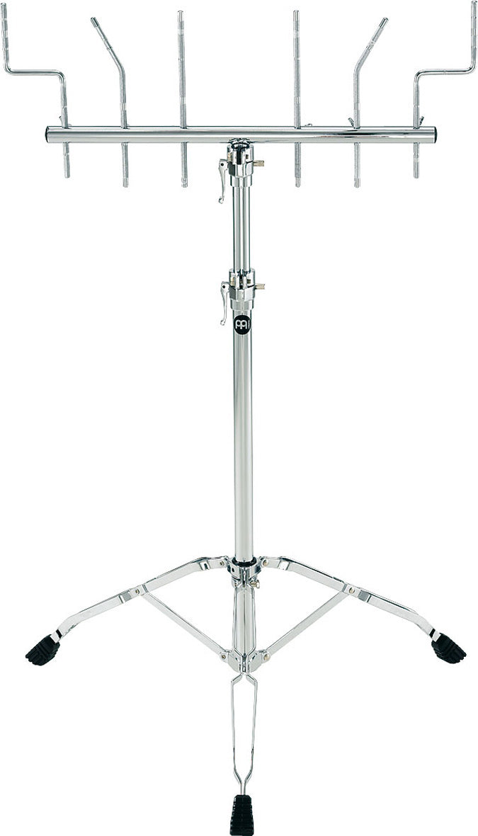 Support universel acier, double embase, 6 bras, réglage hauteur (80 à 133cm), bagues mémoire, clé Allen, chromé