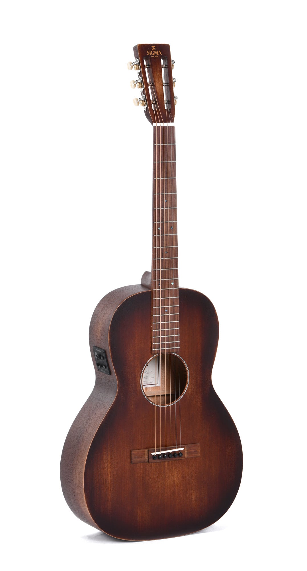 Modèle 00M-15SE-AGED, Forme 00, table acajou massif, f/e acajou, touche & chevalet pau ferro, EQ Fishman, naturel"vieilli"