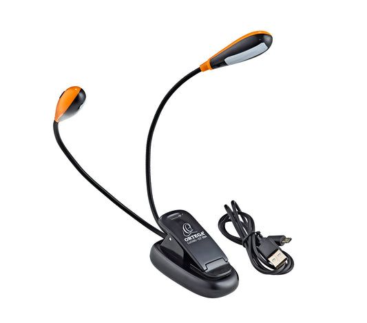 Lampe de pupitre à pince, 2x2 LEDS, rechargeable via USB (câble inclus), 160 lumens, noir et orange