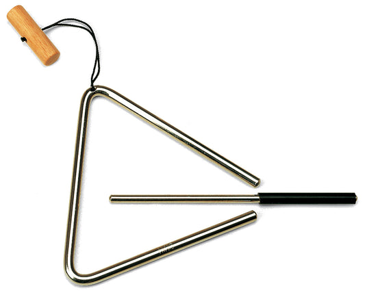 Triangle acier 15 cm, avec cordelette et poignée bois, batte métal avec poignée caoutchouc